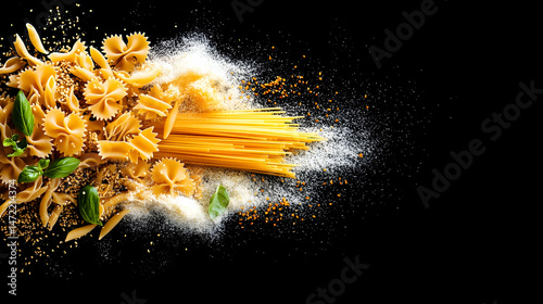 Diverse pasta assortment with various types of pasta, flour, and herbs, exploding in a black background
