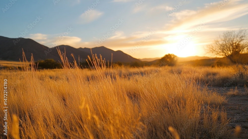 Obraz premium Golden hour sunlight illuminates tall grass in a desert landscape, with mountains in the background at sunset. : Generative AI