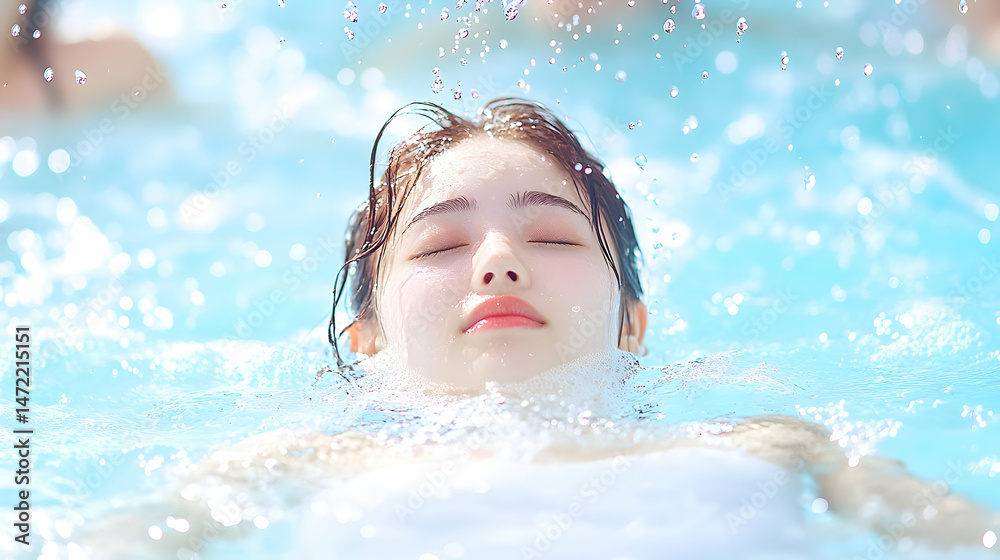 Serene young woman floats peacefully in a refreshing pool, water droplets gently falling on her face Serene young woman floats peacefully in a refreshing pool, water droplets gently falling on her face