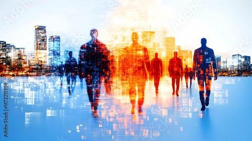 Silhouette figures walking in a city, digitally enhanced with glowing patterns