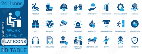 Work safety flat icon set. Containing hard hat, risk management, first aid kit, ear protection, workplace security, CCTV, regulation, safety training, hazard and more. perfect icon collection.