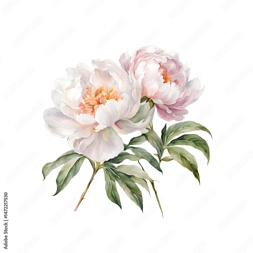 Obraz premium Watercolor Peony Clipart PNG – Hand-painted Blush Pink Peonies with Transparent Background for Wedding and Floral Design