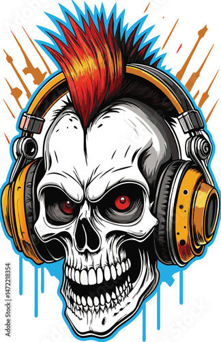 Grunge vector art shows a scary skull with wings, another skull, and a skull with crossbones, embodying horror and the dead