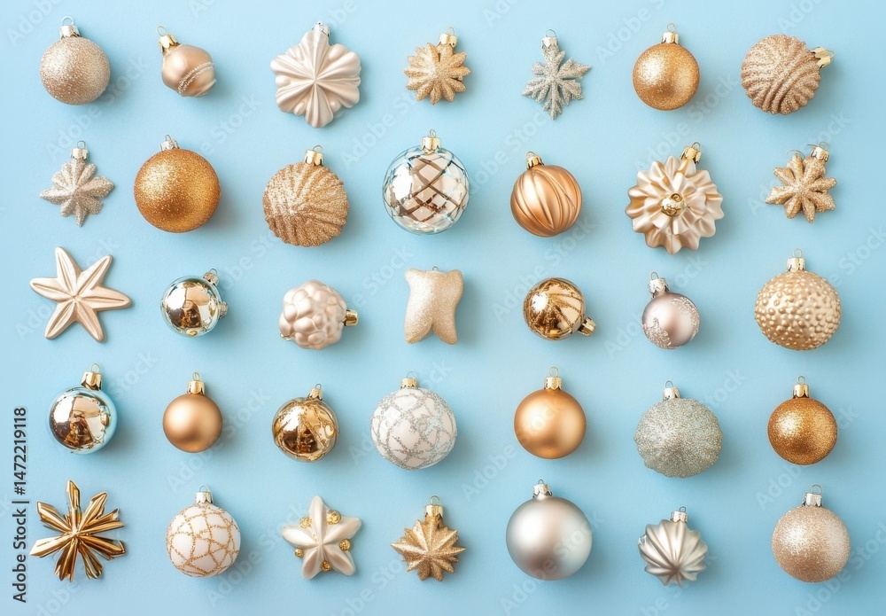 Obraz premium Elegant Christmas Ornament Flatlay: Gold, Silver, and White Baubles Arranged on a Light Blue Background : Generative AI