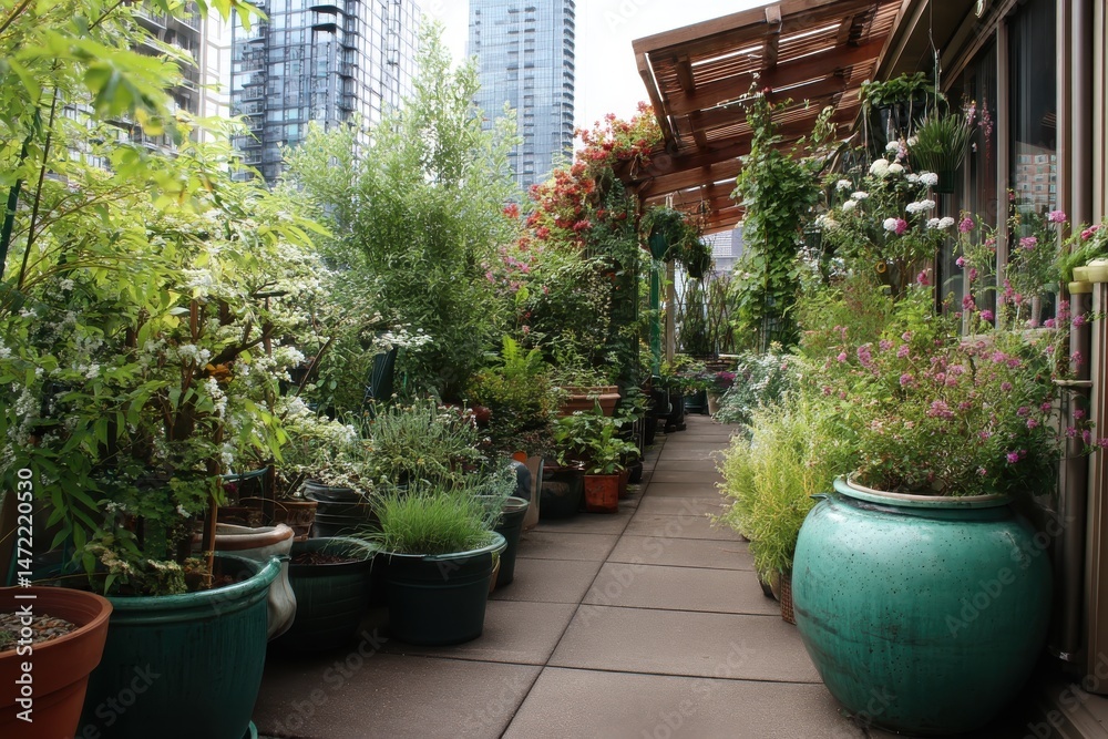 Fototapeta premium A lush rooftop garden with various potted plants and flowers