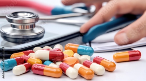 A close up of colorful pills and capsules rests on a tablet near a stethoscope, suggesting healthcare or medicine. : Generative AI photo