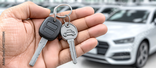 Close-up of a hand holding two car keys against the background of a new white vehicle in a dealership. Concept of vehicle sale, rental, leasing or purchase.