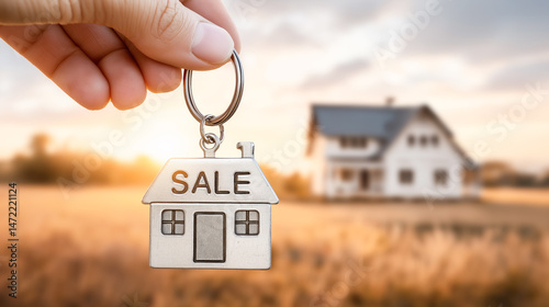 Keychain in the shape of a house with the word SALE, held in front of a countryside home during sunset. Real estate sale concept, home buying, housing deals.