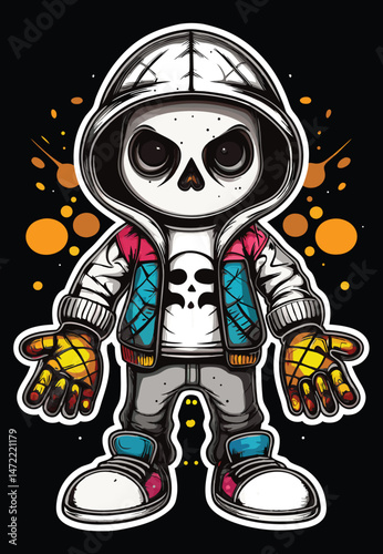 A funny cartoon vector illustration design features a child-like alien character, a fun monster robot, on the moon and in space, not too spooky for Halloween