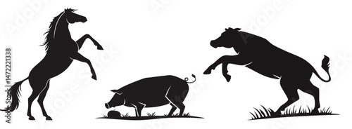 Farm animals Silhouette of Rearing Horse, Rearing Cow, and Sniffing Pig – Black Vector Illustration on White Background