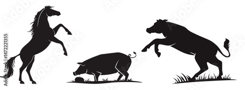 Farm animals Silhouette of Rearing Horse, Rearing Cow, and Sniffing Pig – Black Vector Illustration on White Background