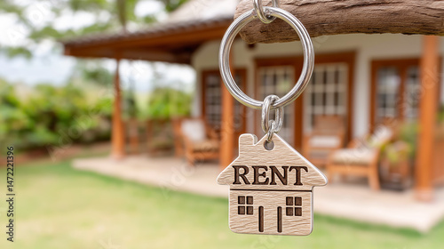 Keychain in the shape of a house with the word RENT, hanging in front of a cozy house with a veranda. Concept of home rental, temporary housing, real estate market.