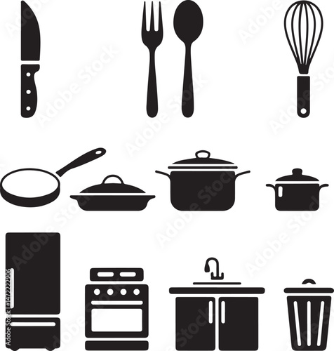 Essential Kitchenware Utensils Silhouette Set

Cooking Tools and Gadgets Vector Design

Minimalist Kitchen Items Silhouette Art

Chef’s Favorite Kitchenware Vector Scene

Pots, Pans & Cutlery Silhouet