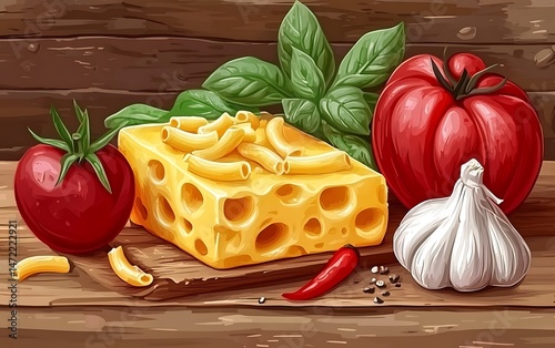 Cheese, tomatoes, pasta, garlic, still life, wooden table, food display photo