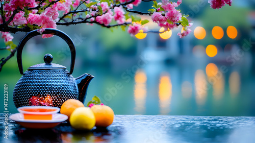 Serene tea scene with blooming flowers, a teapot, citrus fruits, and teacups near tranquil water