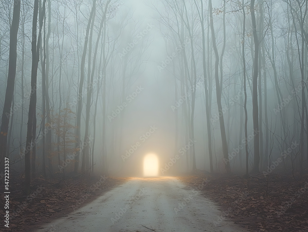 Obraz premium Misty Forest Path with Light at End.