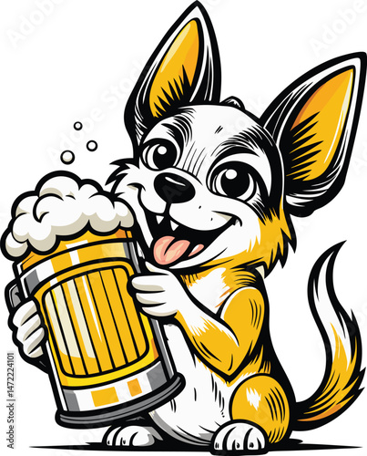 Happy Dog Holding Beer Stein Cheers, Chihuahua Dog Holding Beer Mug Enjoying Drink Vector Illustration 