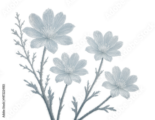 Light blue ice flowers growing on transparent background