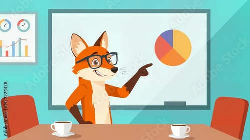Cartoon fox presenting colorful pie chart in office meeting  