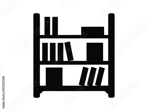 Black silhouette of a bookshelf with multiple books on white background, minimal design