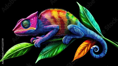 Vibrant chameleon perched on colorful leaves against a black background.