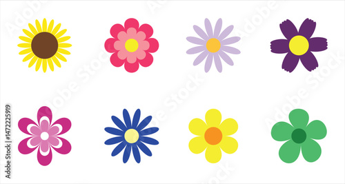 Spring flower vector set. Colorful flowers collection. Daisy chamomile, chrysanthemum, cornflower, sun flower. Flat design. Growing concept and Blooming element. White background. Isolated.
