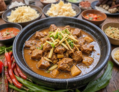 Authentic Indonesian cuisine featuring a hearty meat dish with vibrant garnishes, served on a wooden platter.