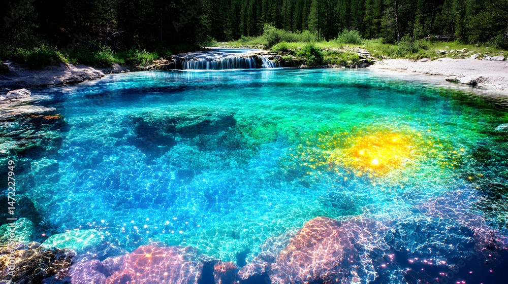 Vibrant turquoise pool fed by a cascading waterfall in a lush green forest Vibrant turquoise pool fed by a cascading waterfall in a lush green forest