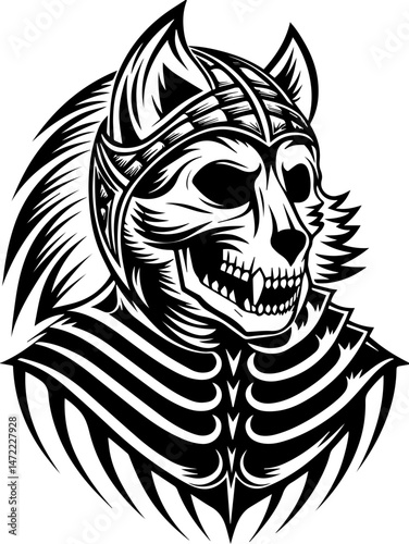 SVG vector of skull allies with mystical creatures in a dark fantasy theme. Mysterious Creature with Skull and Helmet Design in Black and White