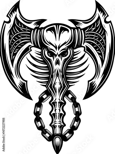 SVG vector of skull allies with mystical creatures in a dark fantasy theme. Artistic Illustration of a Skull Elephant with Chains and Axes