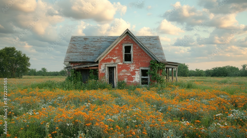 Obraz premium Rusty red house amidst a field of wildflowers