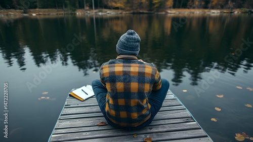 Person sitting on a dock at a lake writing down their thoughts for the new year