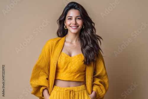 happy yong stylish woman standing on isolated background photo