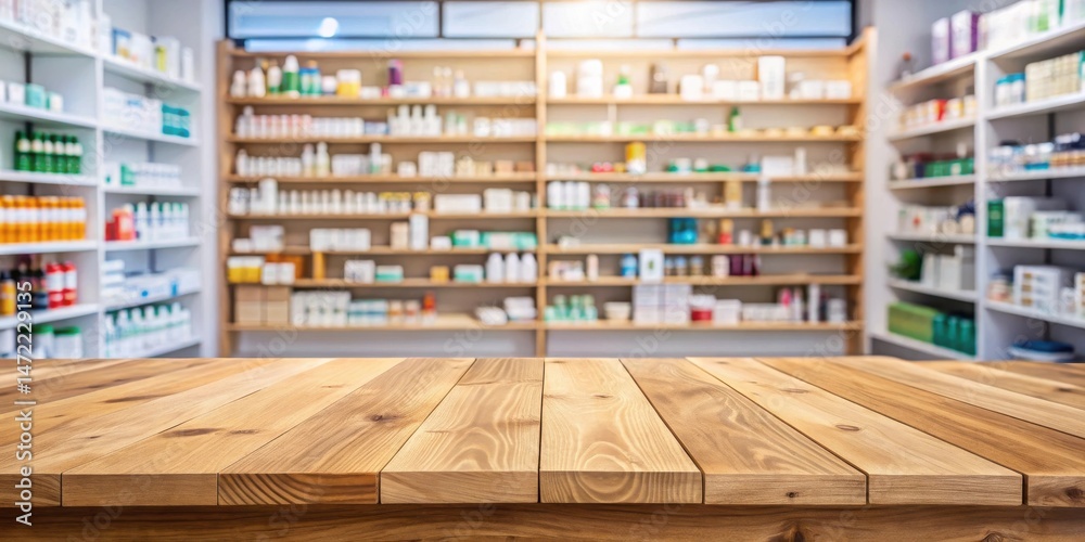 Obraz premium Empty Wooden Countertop in Front of Blurred Pharmacy Shelves