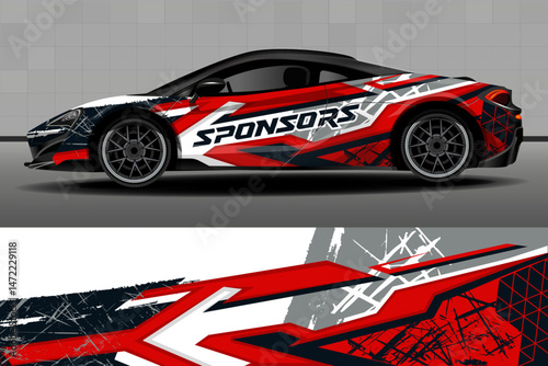 Racing car wrap design, livery, sticker, printable file. Car design development for company. White background with red, black and grey abstract stripes and scratches with abstract stripes for car wrap