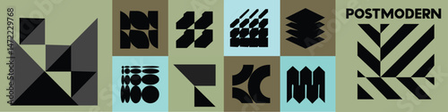 Postmodern abstract geometric graphic elements, Refraction and distortion glass effect various form, Brutalist vector shapes, trendy retro design symbols in Y2K aesthetics, vintage stickers, set 7