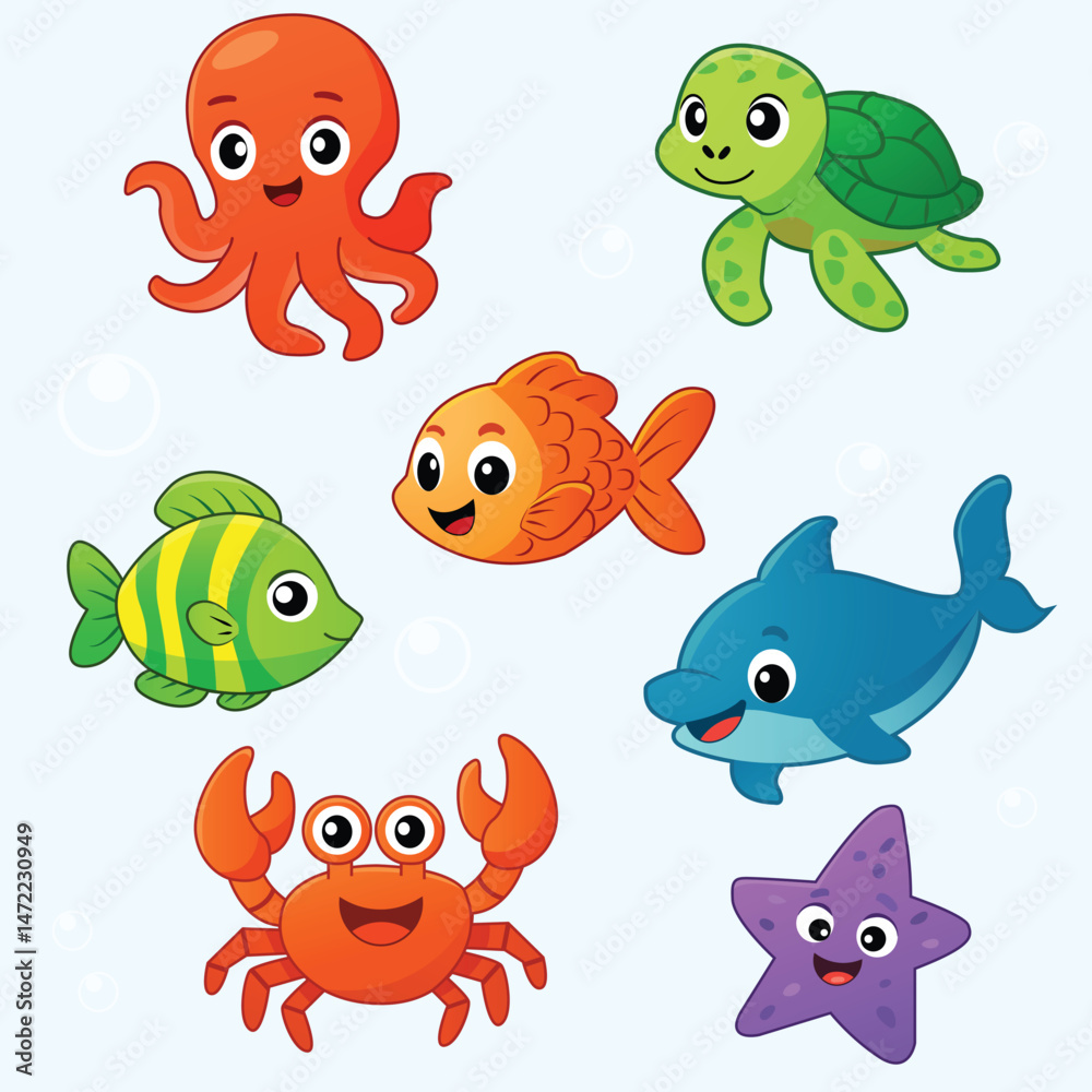 Fototapeta premium Cartoon Sea Creatures Collection Volume 1