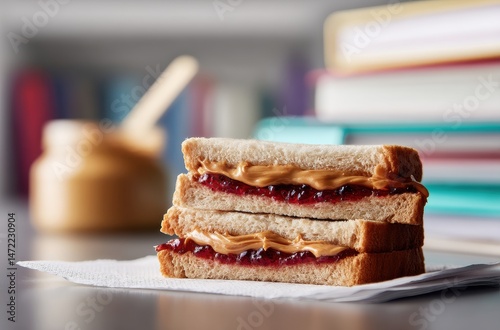 Delicious peanut butter and jelly sandwich stacked on a white napkin with blurred background of colorful books and honey jar on a wooden table