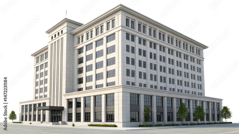 Fototapeta premium Modern multi-story office building with large windows, surrounded by small trees and a clear sky.
