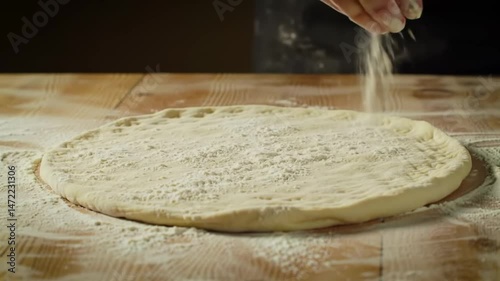 Dusting Flour on Pizza Dough Close Up - Baking Preparation Stock Video Clip