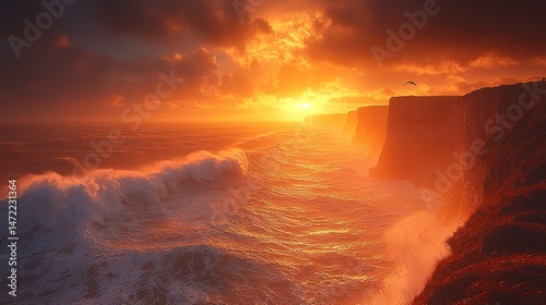 Dramatic sunset over turbulent ocean waves crashing against cliffs