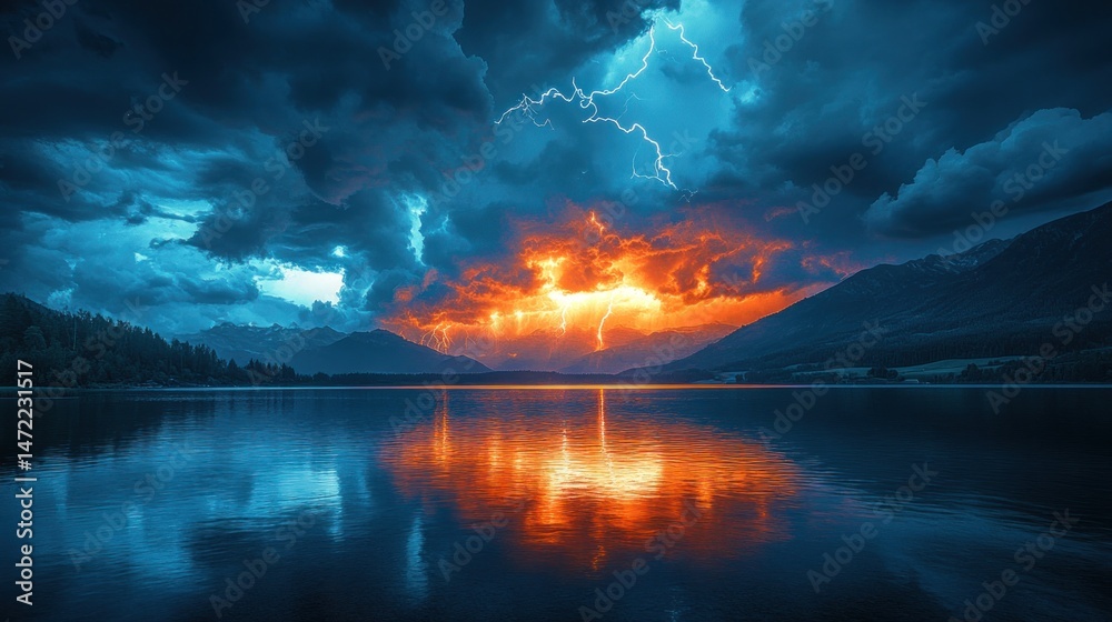 Obraz premium Dramatic storm over lake, fiery lightning