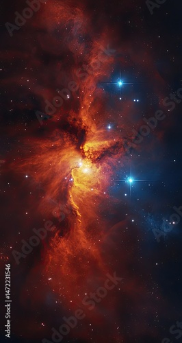 Celestial nebula, vibrant colors, cosmic dust clouds, swirling patterns