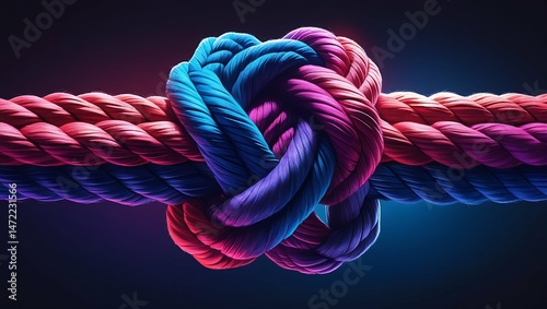 A colorful rope with loose ends tied together in the center, symbolizing strength and unity on a dark background. The central knot is made of thick yarn that contrasts against the darker
