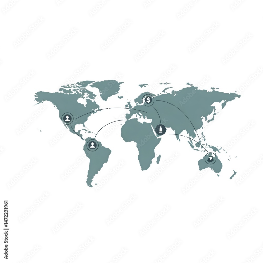 Naklejka premium A simplified world map showing global connections and data exchange between continents.