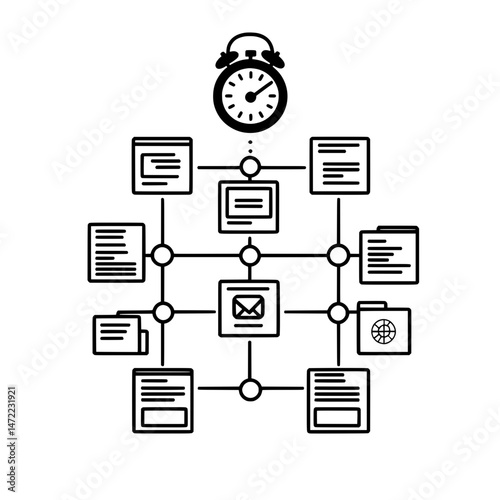 Workflow chart with clock icon showing time-sensitive task and project management system