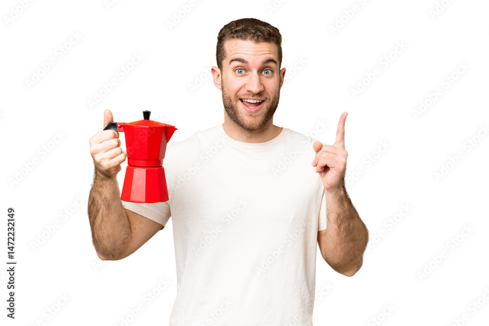 Young handsome blonde man holding coffee pot over isolated chroma key background pointing up a great idea Young handsome blonde man holding coffee pot over isolated chroma key background pointing up a great idea