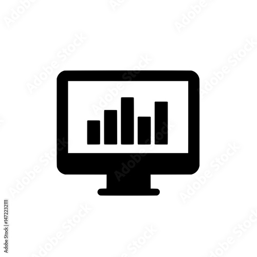 Monitor icon showing vertical bar chart for financial data visualization and reporting