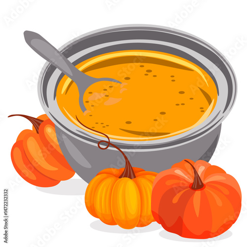 Pot of pumpkin soup and pumpkins without background