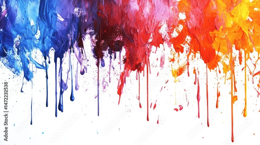 Fototapeta premium Colorful paint drips and splashes on a white background.